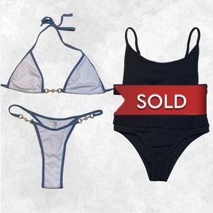 White & Blue Hem Triangle Tie Thong Bikini w/ Gold & Pearl Hardware